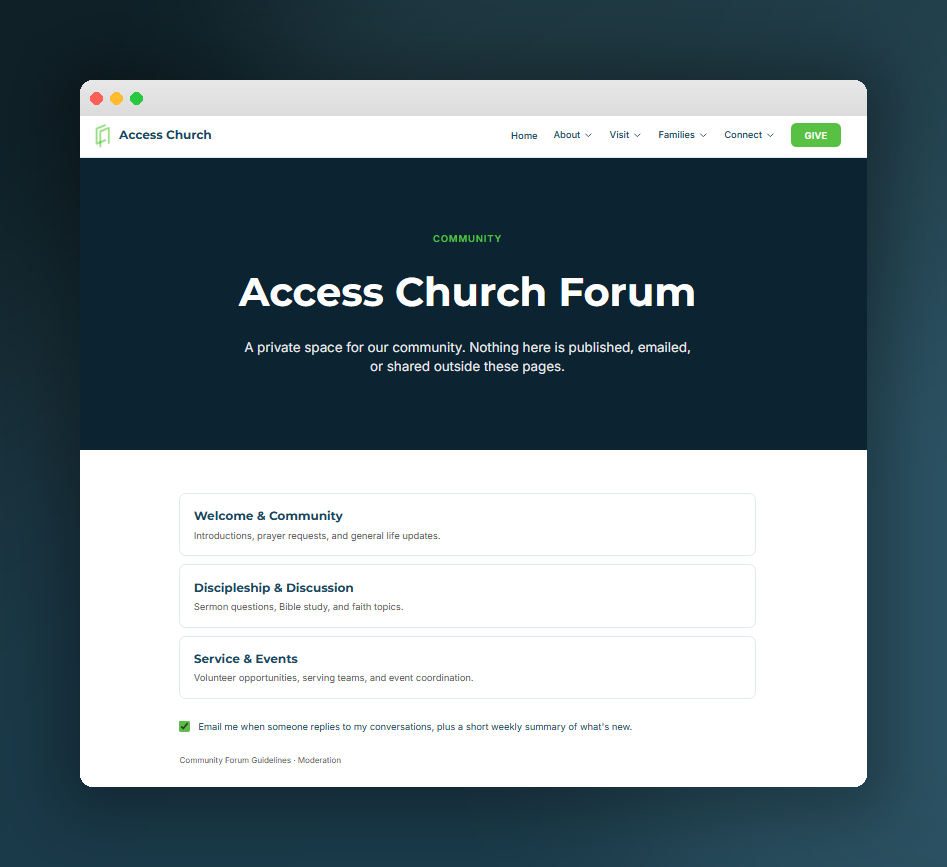 Preview of the Access Church forum home page, showing the section list and a framed browser window