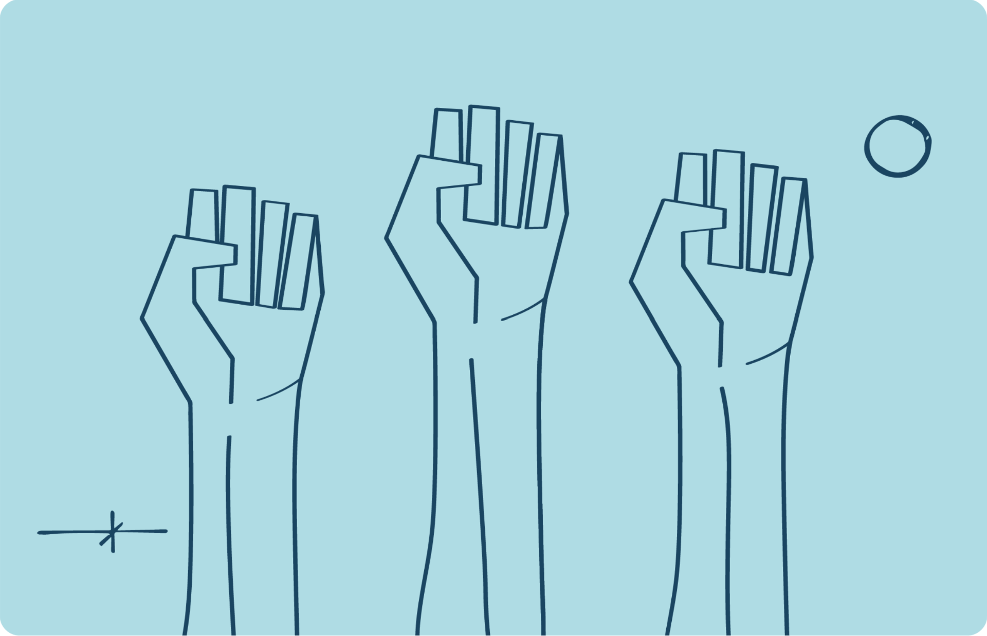 Line illustration of three raised fists